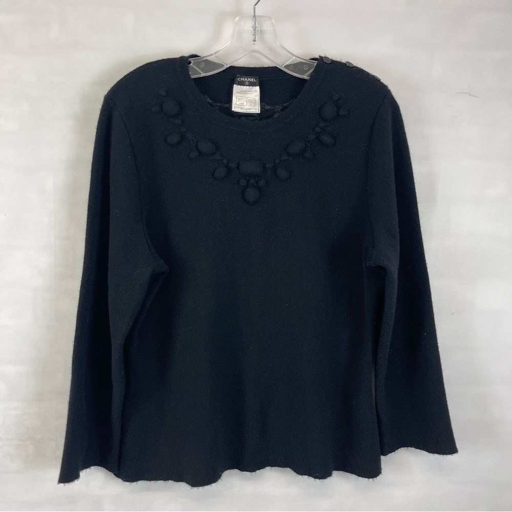 CHANEL Black Wool Sweater CC Button Pom Pom Bobble Embellished Size 46‎ Vintage